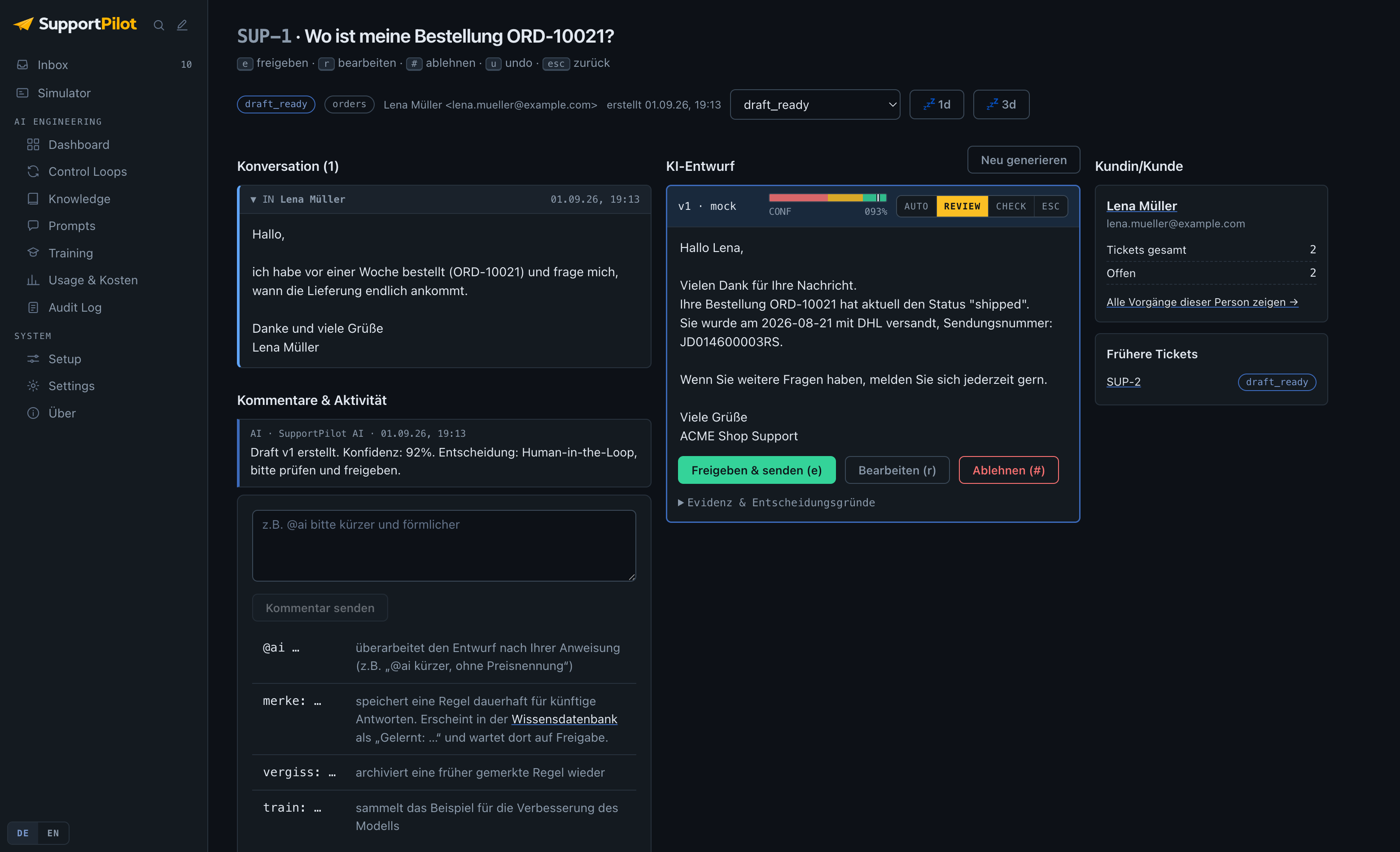 SupportPilot Ticketansicht: links der Vorgang, in der Mitte der KI-Entwurf mit Konfidenz und Belegen, rechts die Live-Daten aus dem Buchungssystem